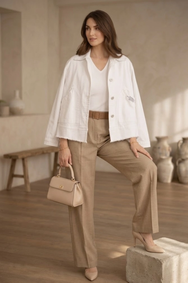 Kurtka Castenaso biała jeansowa asymetryczna narzutka na guziki z kołnierzem i wstawkami