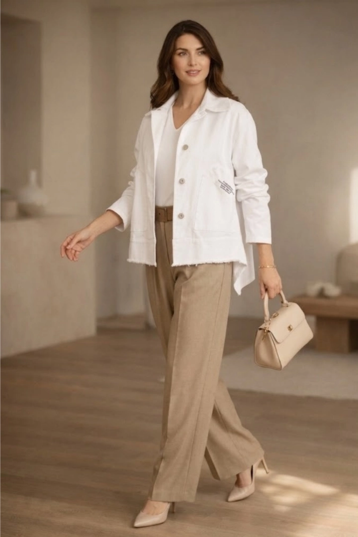 Kurtka Castenaso biała denim asymetryczna na guziki z kołnierzem i detalami po bokach