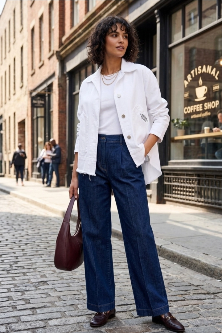 Kurtka Castenaso jeansowa biała asymetryczna narzutka z kołnierzem i ozdobnymi wstawkami