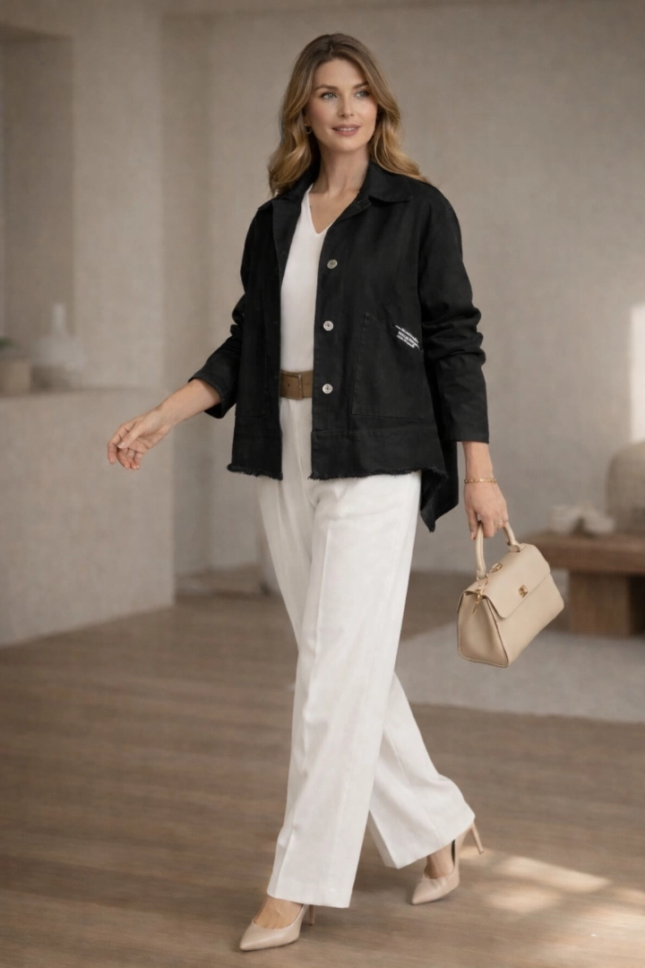 Kurtka Castenaso czarna jeansowa asymetryczna narzutka na guziki z kołnierzem i detalami po bokach