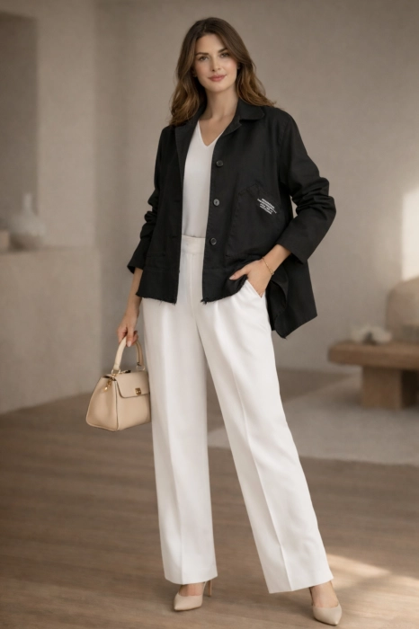 Kurtka Castenaso jeansowa asymetryczna czarna z ozdobnymi wstawkami po bokach narzutka na guziki z kołnierzem