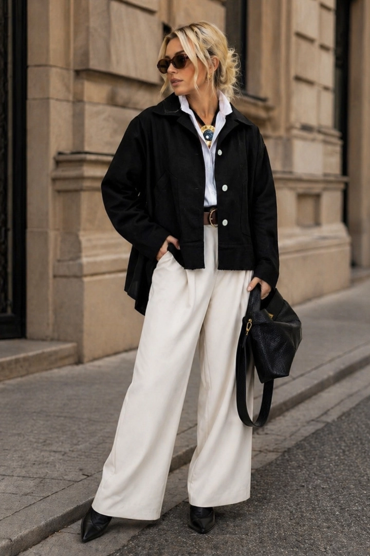 Kurtka Castenaso jeansowa czarna asymetryczna narzutka z kołnierzem i ozdobnymi wstawkami