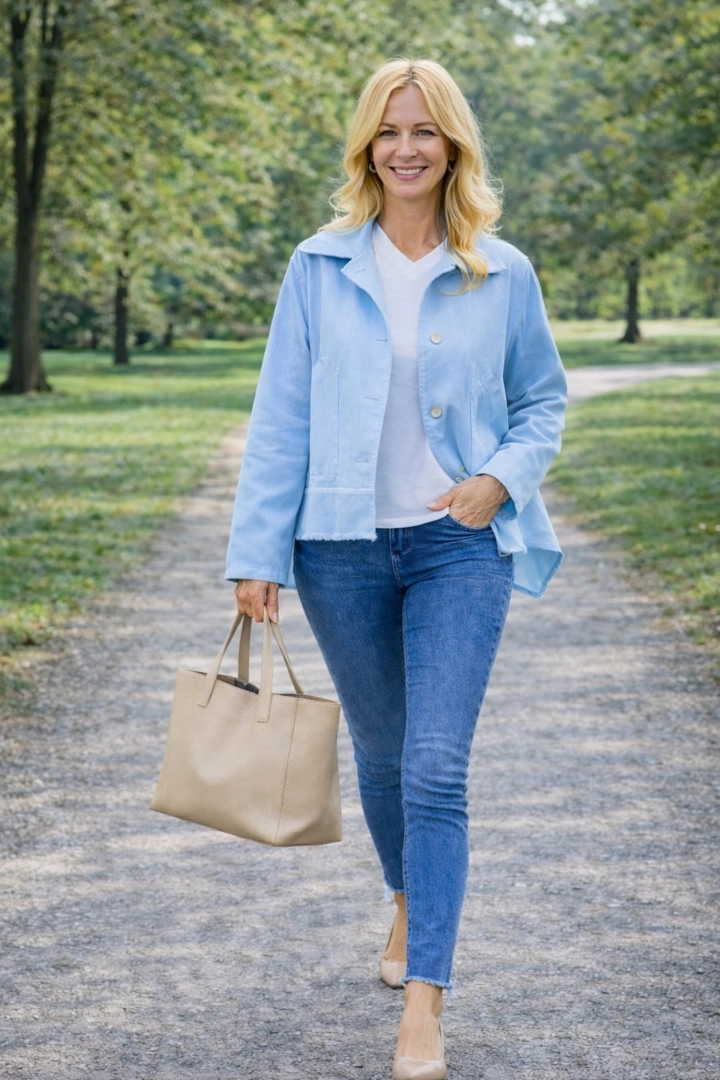 Kurtka denim damska błękitna asymetryczna z detalami po bokach wysmukla sylwetkę i nadaje jej bardziej dynamiczną linię.