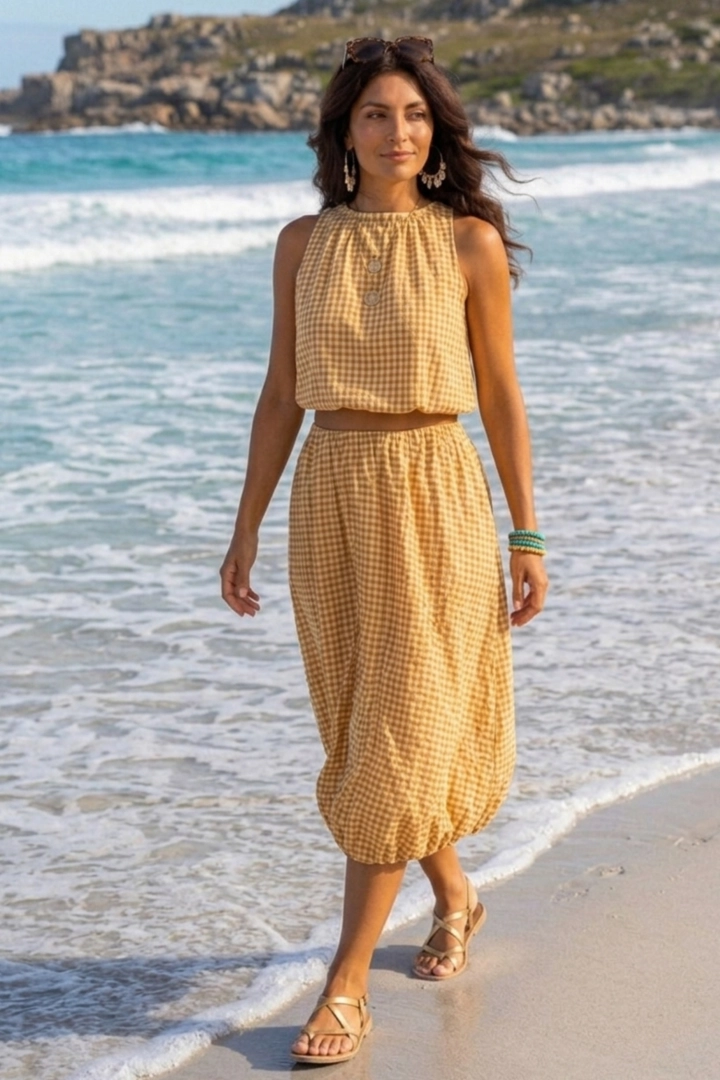 spódnica damska midi karmelowa beżowa cappuccino w kratę rozkloszowana elastyczna gumka w pasie Bellimadore