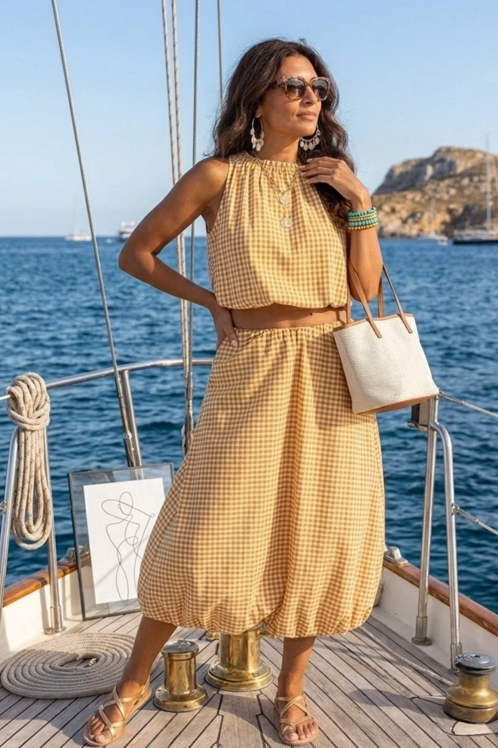 rozkloszowana spódnica midi karmelowa w kratę na gumce w pasie beżowa cappuccino damska Bellimadore