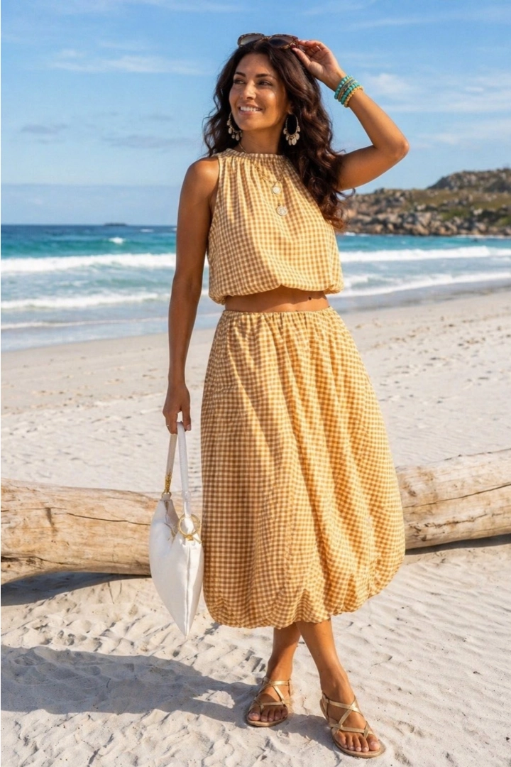 top halter damski karmelowy w kratę bluzka bez rękawów letnia beżowa cappuccino Valchiampo