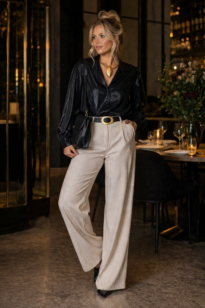 Bluzka Germasino czarna błyszcząca o luźnym kroju zapinana na guziki z kołnierzykiem i gumką na dole to elegancka propozycja na co dzień i wyjścia