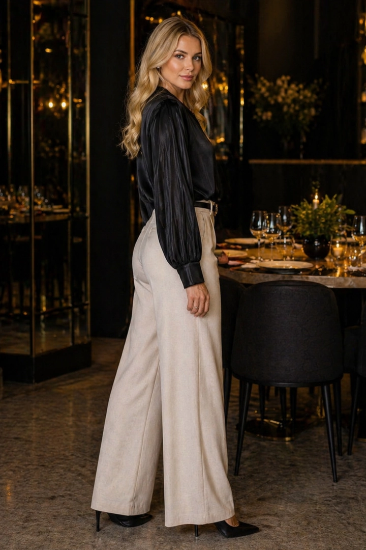 Czarna bluzka Germasino błyszcząca z gumką na dole i guzikami pomaga wysmuklić sylwetkę i poprawić proporcje