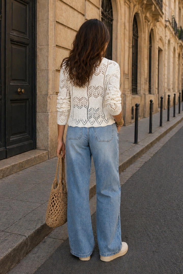 kardigan ażurowy damski ecru kremowy beżowy sweter na guziki okrągły dekolt rozpinany Brendola