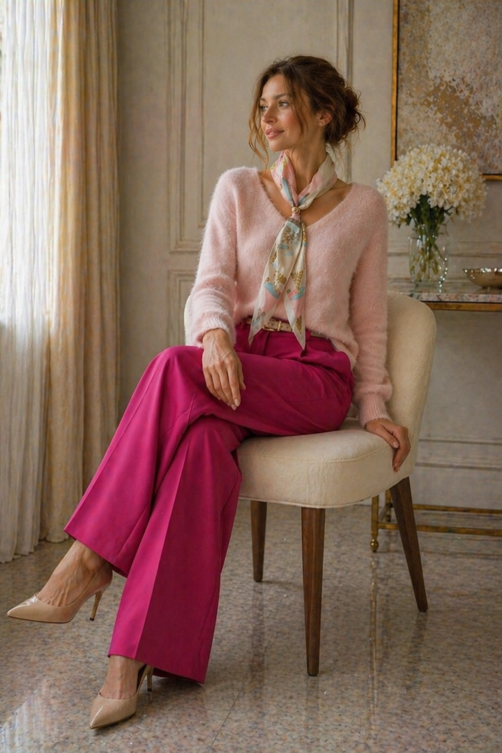 Bluzka Loiano damska pudrowy róż z apaszką przy szyi i dekoltem V długi rękaw