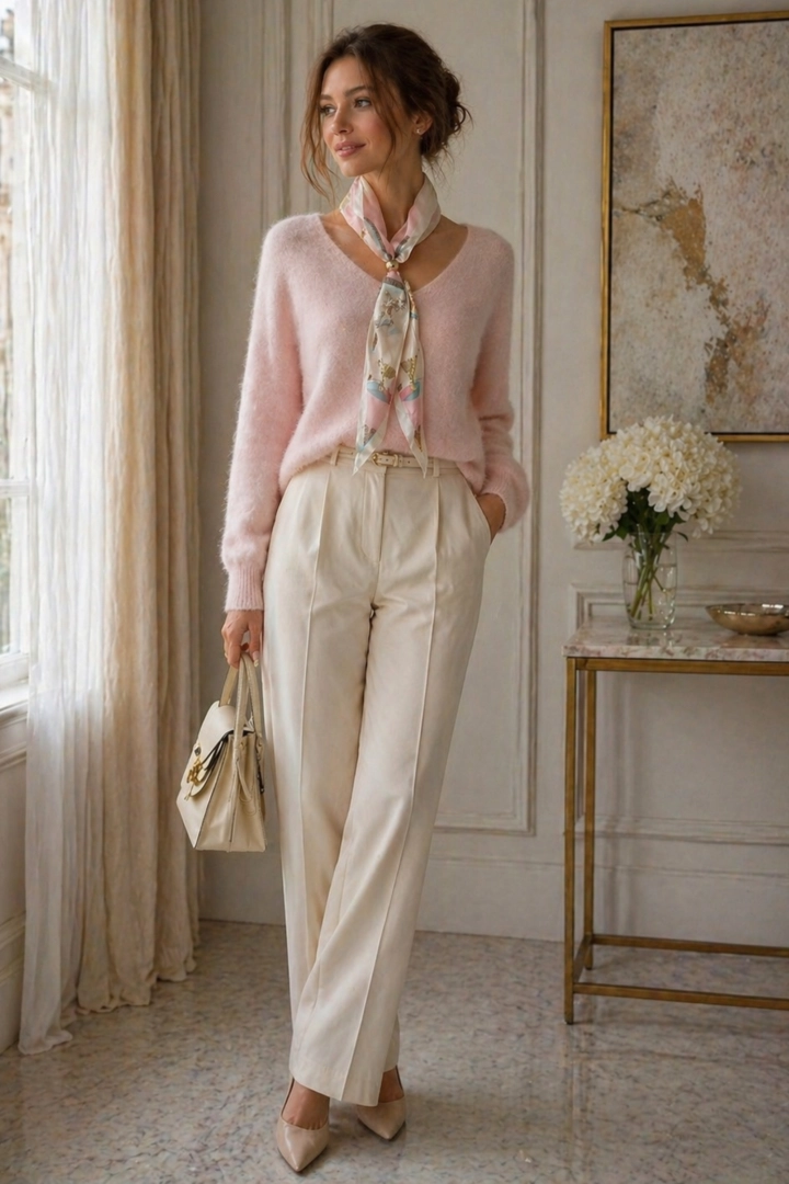 Bluzka dzianinowa  pudrowo różowa z wzorzystą apaszką długim rękawem i dekoltem V Loiano