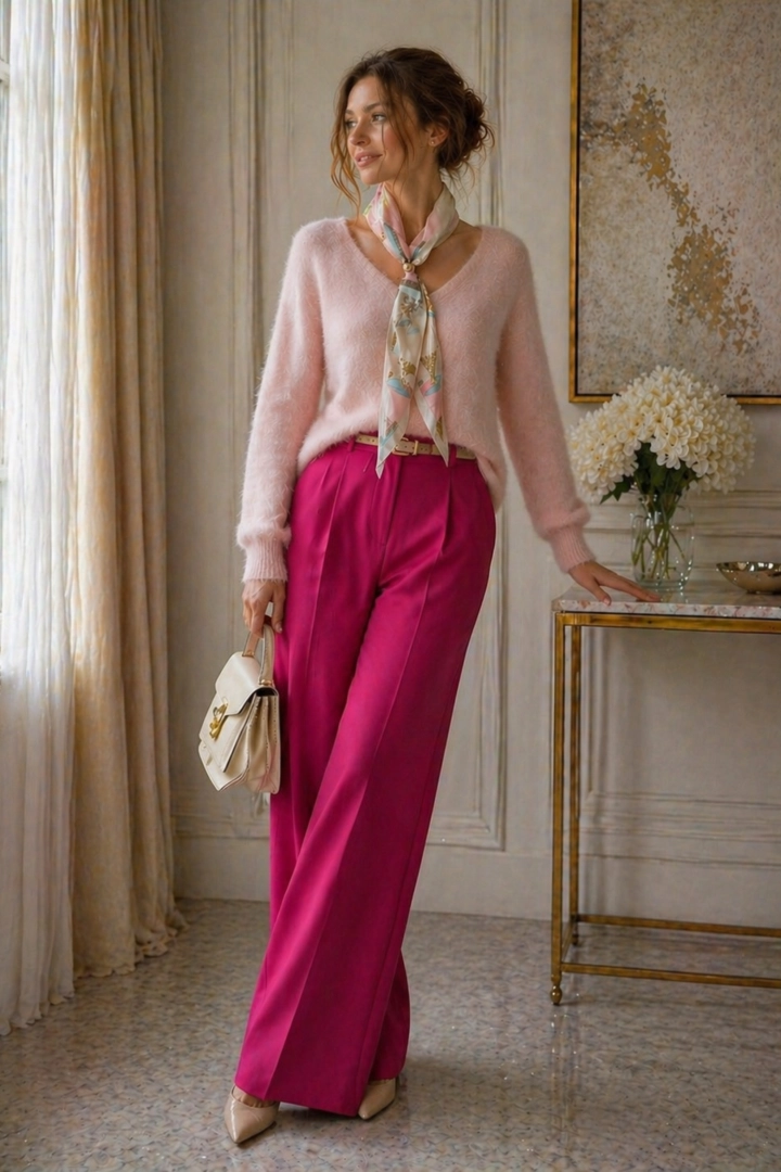 Bluzka Loiano pudrowo różowa elegancka z apaszką i długim rękawem dekolt V