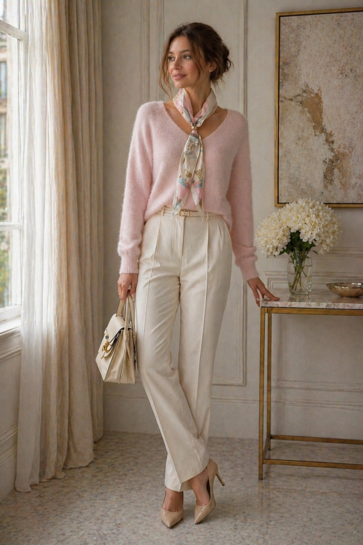 Bluzka Loiano pudrowy róż z wzorzystą apaszką dekolt V długi rękaw stylowa