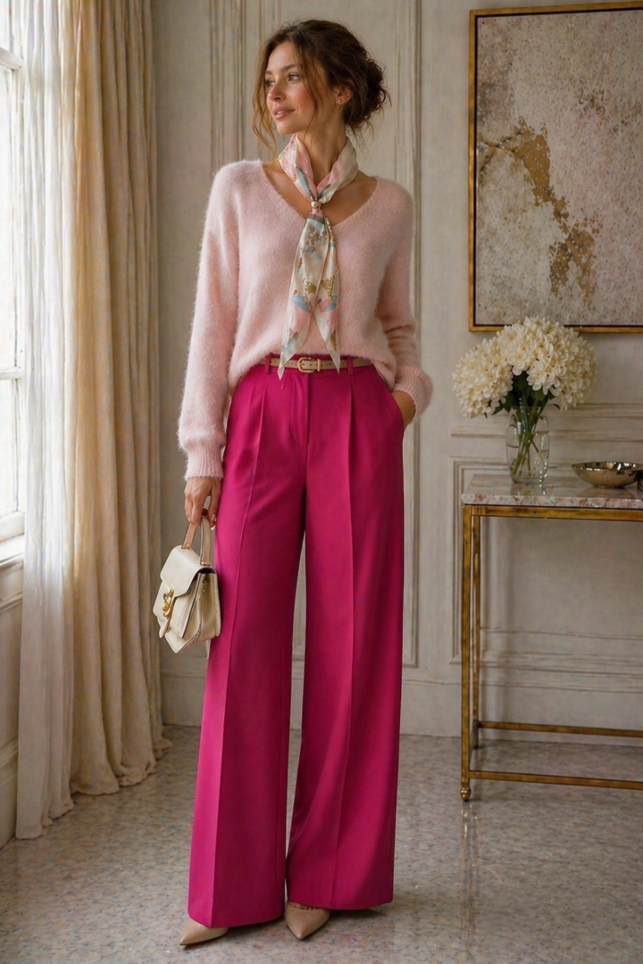 Bluzka Loiano damska różowa z apaszką przy szyi długi rękaw dekolt V