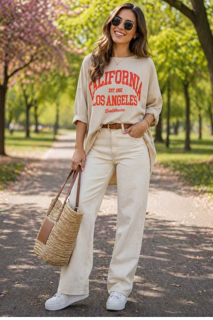 Bluzka damska beżowa oversize tunika asymetryczna dekolt łódka napis California rozcięcia po bokach Gironico