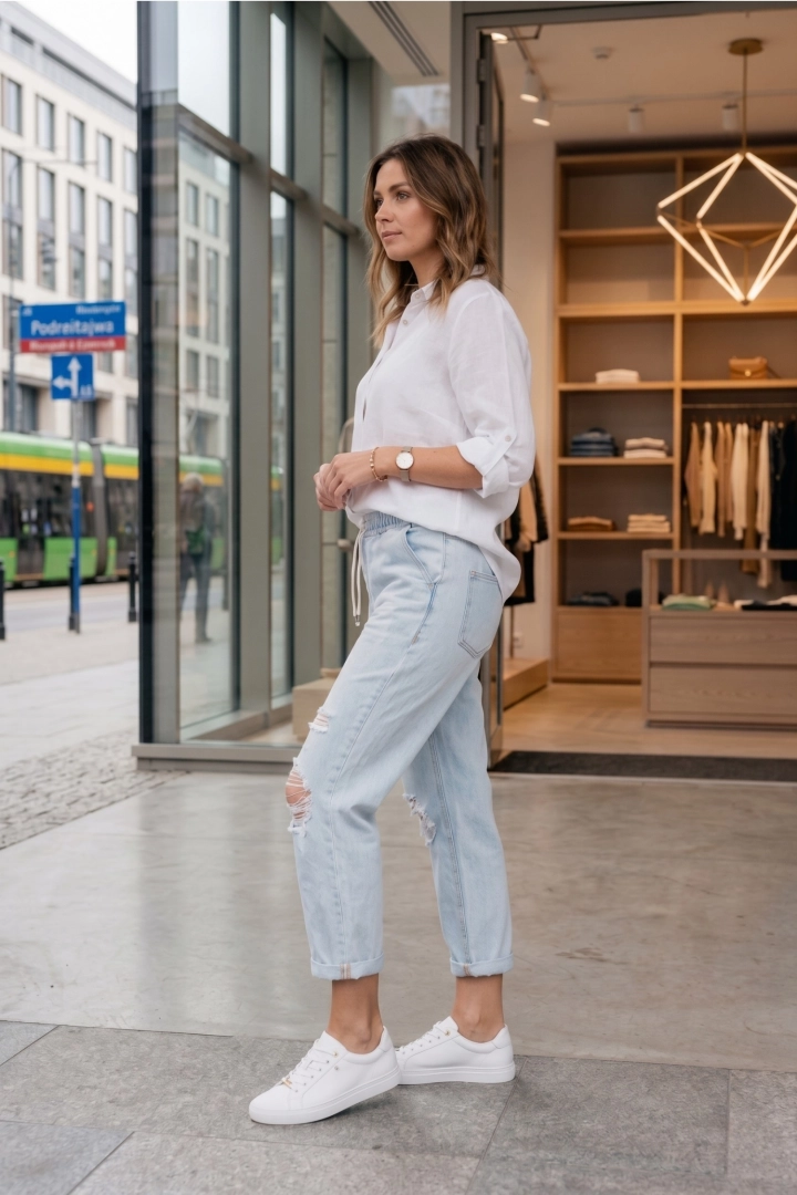 Jasne jeansy damskie wide leg Brichetto z gumką w pasie i kieszeniami light denim