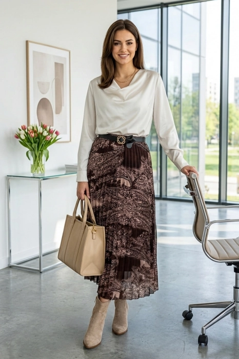 Brązowa spódnica maxi Variglia wzorzysta żorżeta rozkloszowana elegancka