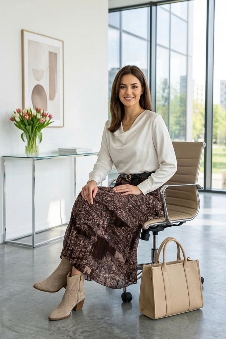 Spódnica maxi Variglia brązowa rozkloszowana w ornamenty z żorżety
