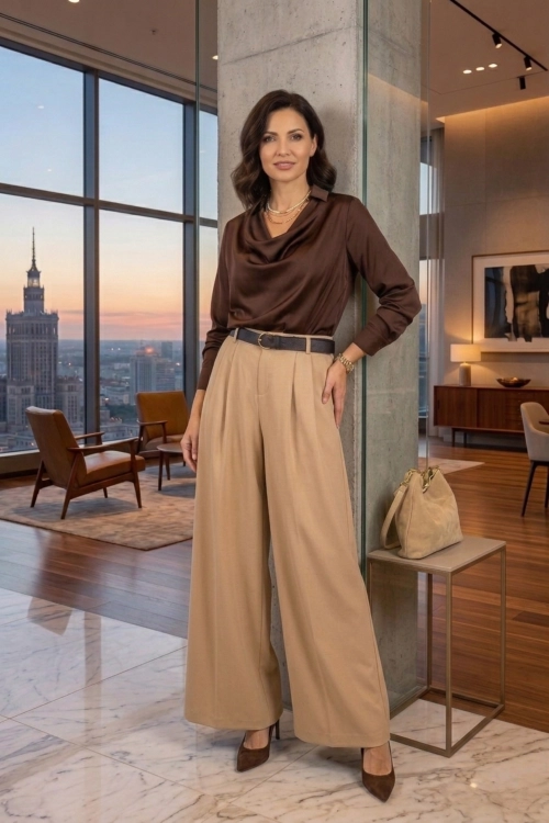 Eleganckie spodnie palazzo Boggia camel damskie wysoki stan szerokie nogawki