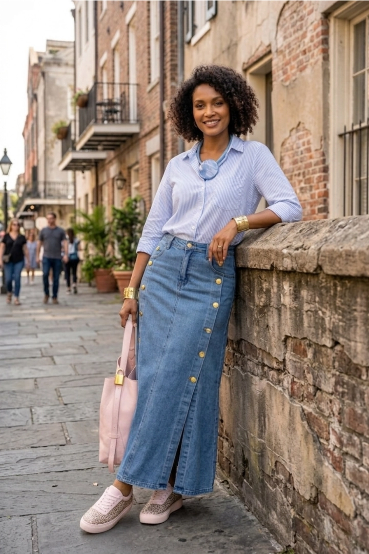 Rozkloszowana spódnica jeansowa denim blue maxi ze złotymi guzikami kieszeniami i rozcięciami Premilcuore