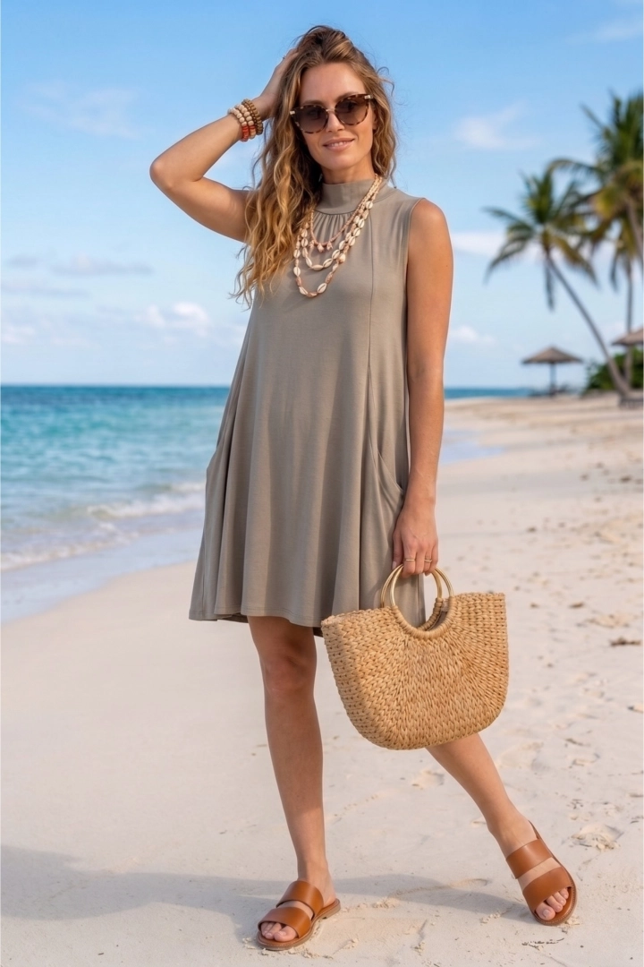 Sukienka mini fango taupe rozkloszowana halter wiązana luźna damska Cadecoppi