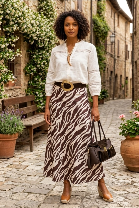 Spódnica satynowa ecru brązowa elegancka maxi z gumką w pasie print zebra Verghereto