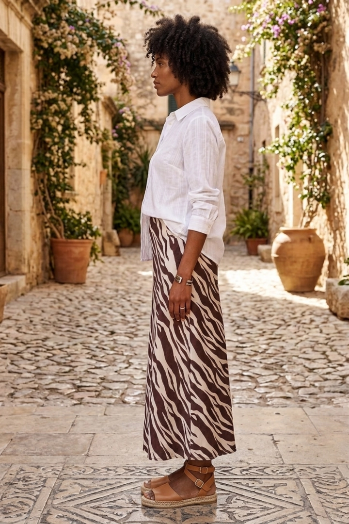 Elegancka spódnica satynowa maxi ecru brązowa z gumką w pasie zebra Verghereto
