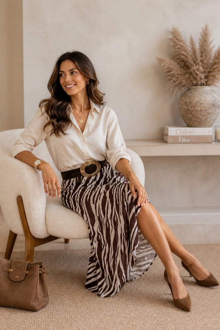 Satynowa spódnica maxi ecru brązowa elegancka z gumką w pasie print zebra Verghereto