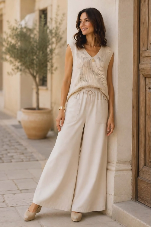 Jeansy damskie karmelowe beżowe palazzo na gumce z wiązaniem szerokie nogawki wide leg Bruneck