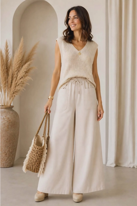 Jeansy damskie palazzo beżowe kremowe cappuccino na gumce z wiązaniem szerokie nogawki wide leg Bruneck