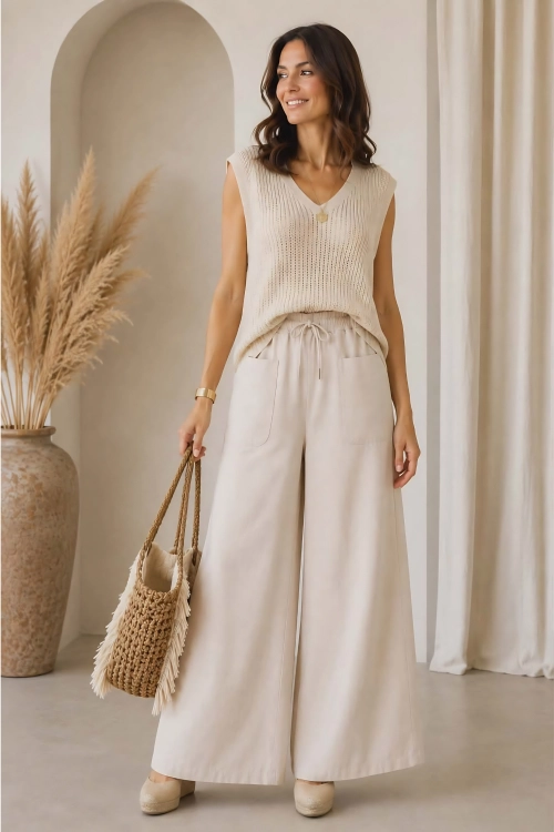 Jeansy damskie palazzo beżowe kremowe cappuccino na gumce z wiązaniem szerokie nogawki wide leg Bruneck