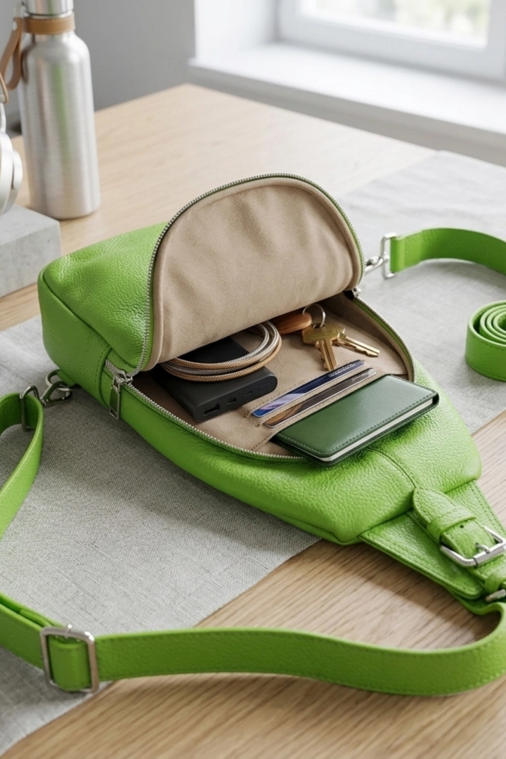 Zielona nerka torebka damska skóra naturalna crossbody regulowany pasek trzy kieszenie wygodna na co dzień