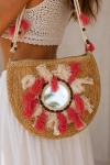 Torebka półokrągła pleciona koralowa  z lusterkiem chwostami i koralikami na długim pasku boho style Montespertoli