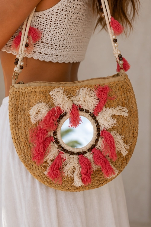 Torebka półokrągła pleciona koralowa z lusterkiem chwostami i koralikami na długim pasku boho style Montespertoli