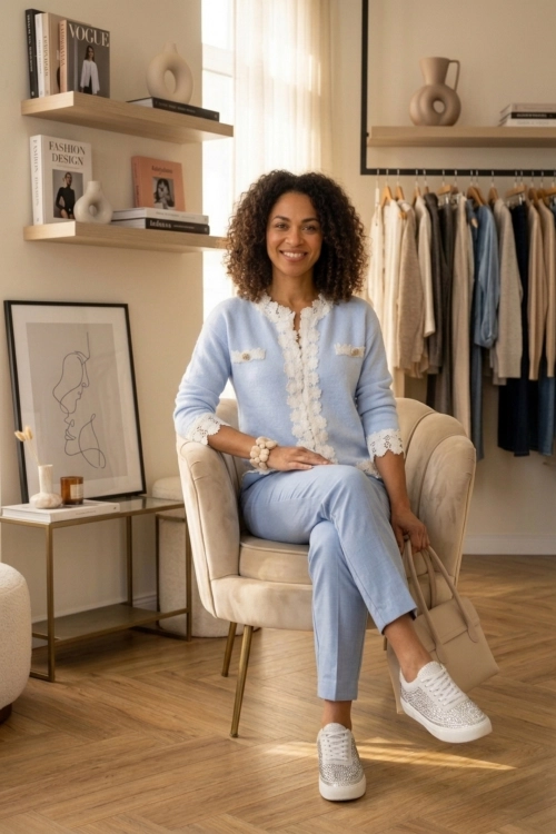 Sweter damski błękitny z ażurowym wykończeniem i długim rękawem subtelny charakter