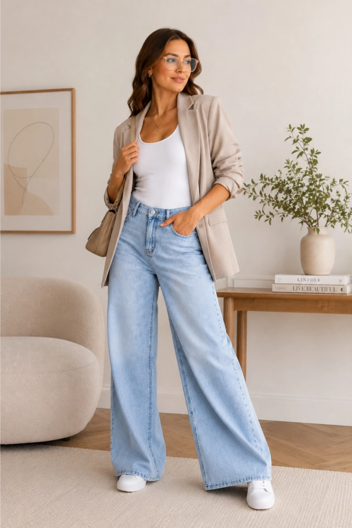 Jeansy wide leg damskie baby blue jasnoniebieskie błękitne wysoki stan szerokie nogawki Fanghetto