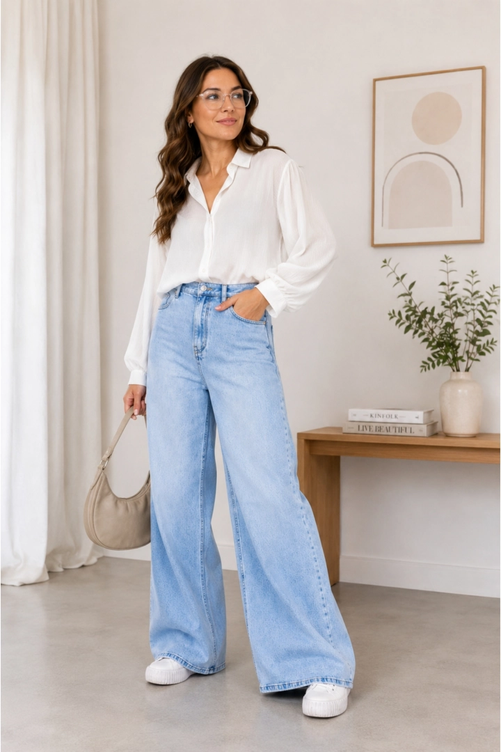Jeansy wide leg damskie błękitne baby blue jasnoniebieskie wysoki stan szerokie nogawki Fanghetto