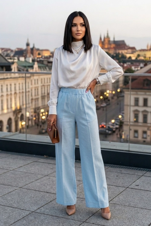 Spodnie damskie wide leg błękitne lniane z wysokim stanem kieszeniami na gumce w pasie szerokie nogawki Villalba