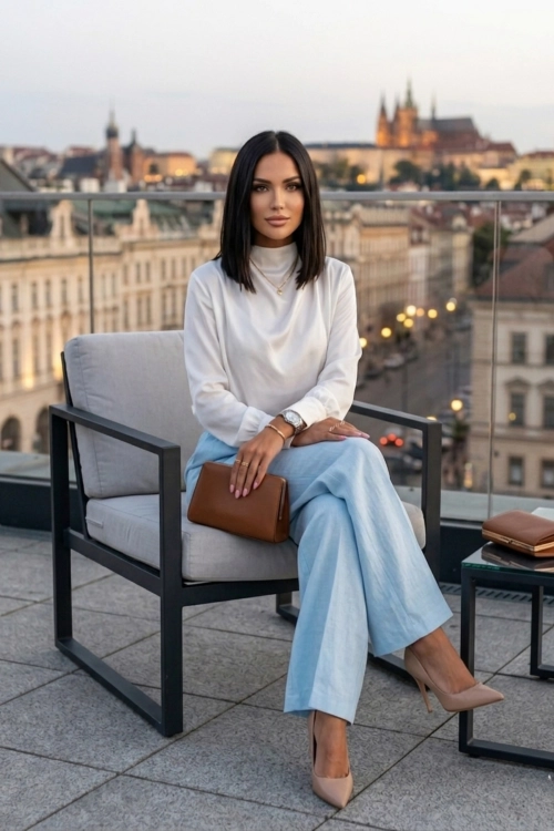 Spodnie damskie lniane błękitne szerokie nogawki wysoki stan kieszenie gumka w pasie Villalba