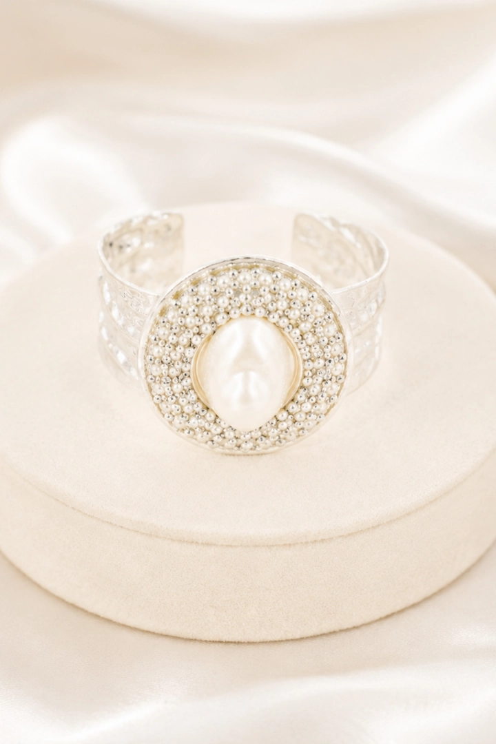Bransoletka damska srebrna bangle owal perła kryształki elegancka szeroka regulowana