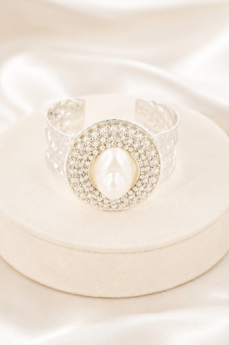 Bransoletka damska srebrna bangle owal perła kryształki elegancka szeroka regulowana