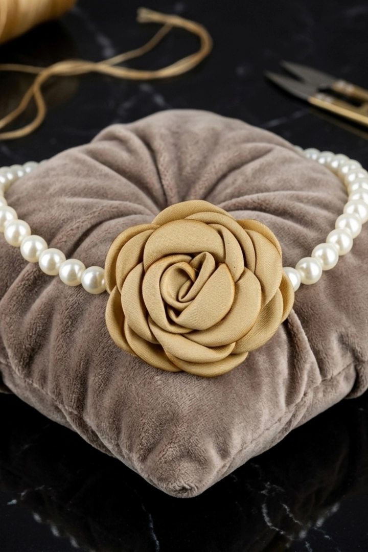 Naszyjnik perłowy choker z dużą różą beżowy elegancki dodatek damski Accattapane