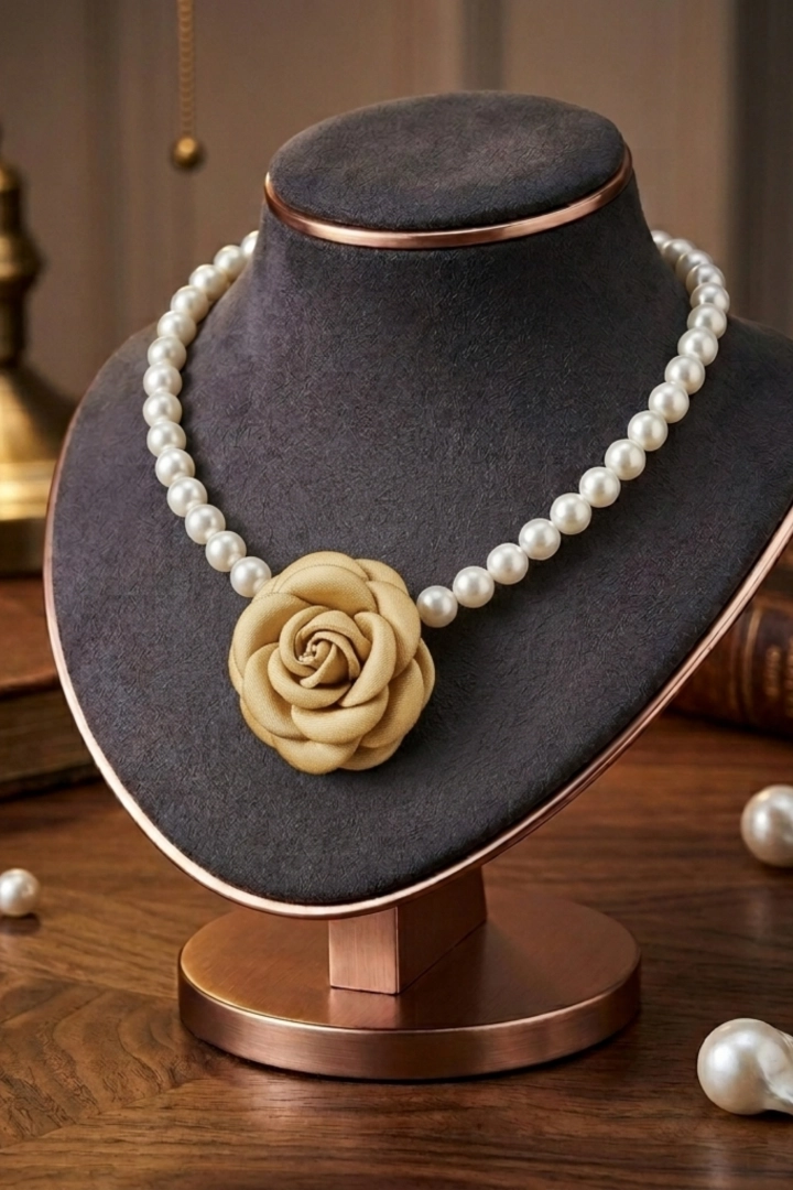 Naszyjnik damski choker perły z ozdobną różą beżowy elegancki biżuteria Accattapane