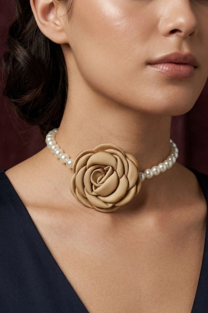 Choker damski z perłami i beżową różą elegancki naszyjnik Accattapane