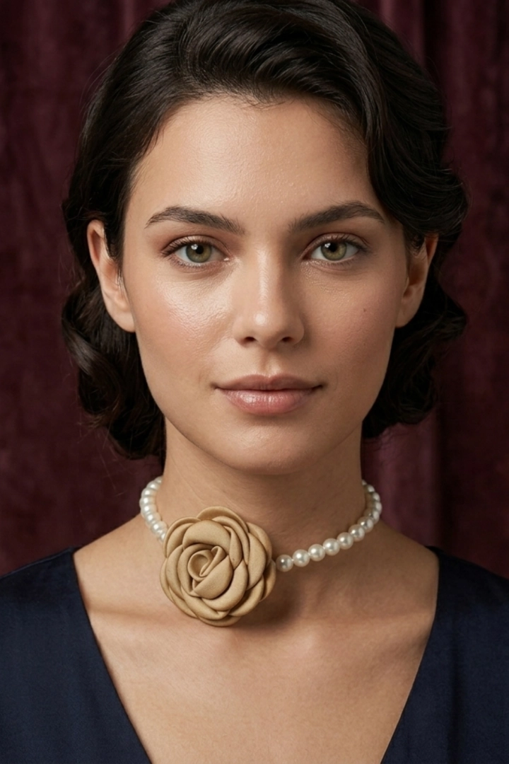 Elegancki choker z perłami i ozdobną różą beżowy naszyjnik damski Accattapane
