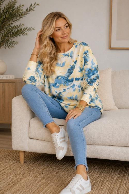 Bluzka damska oversize ombre żółta błękitna z koronkową wstawką i wycięciem na plecach Muffo
