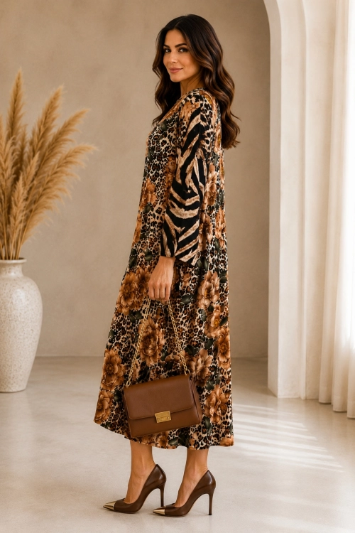 Sukienka midi oversize satynowa camelowa w kwiaty i zwierzęcy print elegancka Calcarelle