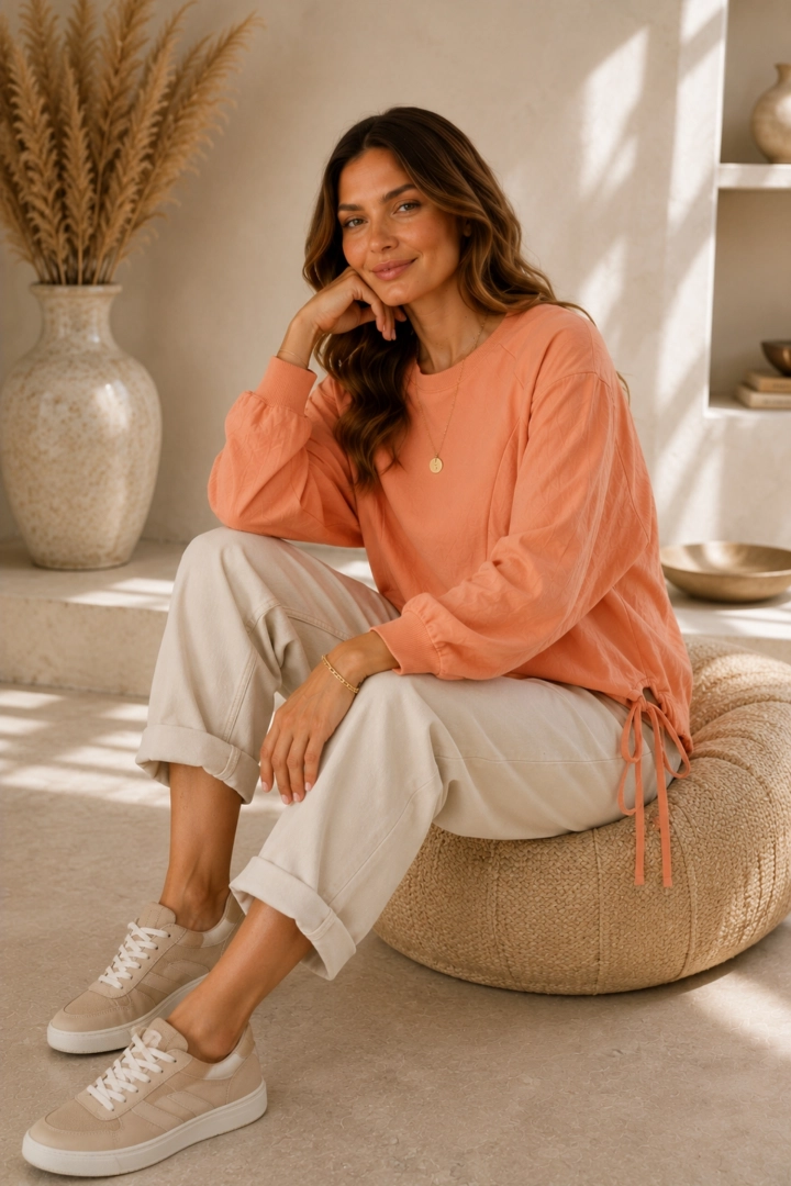Bluza damska oversize łososiowa peach fuzz z regulowanym tyłem casual Tofanello