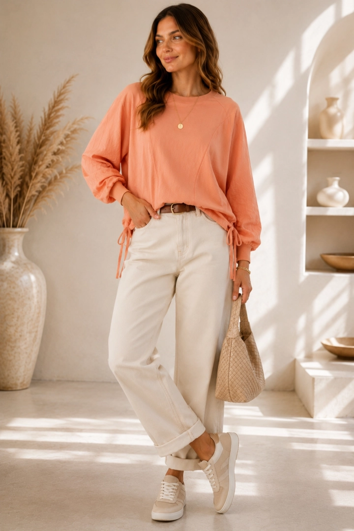 Bluza damska peach fuzz oversize luźna z regulowanym tyłem casual Tofanello