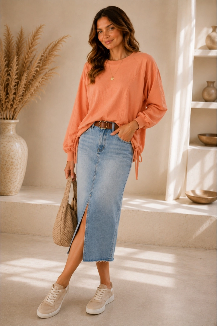 Bluza damska oversize peach fuzz brzoskwiniowa luźna z regulacją na dole Tofanello